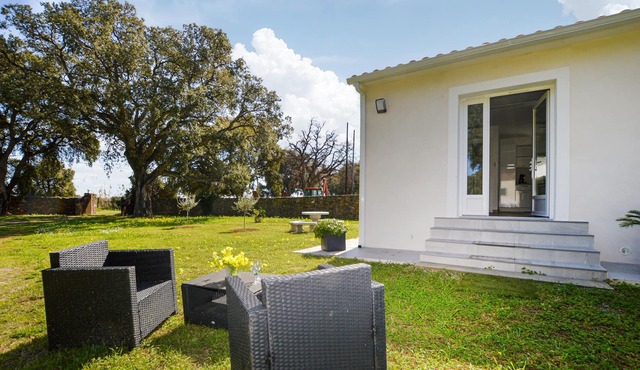 Practical cottage on wide, green property.